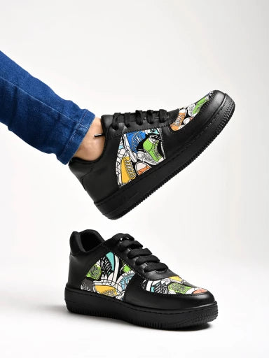 Lace-up Printed Detail Black Sneakers For Women & Girls