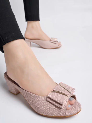 Stylish Upper Bow Detailed Peach Block Heels For Women & Girls