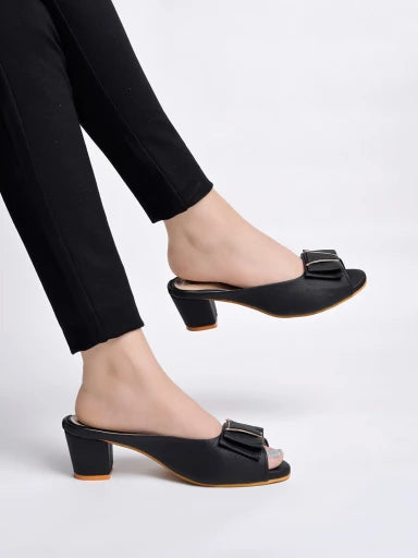 Stylish Upper Bow Detailed Black Block Heels For Women & Girls