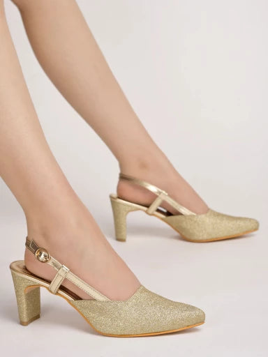 Embellished Ankle Strap Golden Pumps For Women & Girls