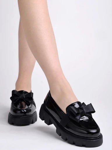 Smart Casual Bow Detailed Black Loafers For Women & Girls