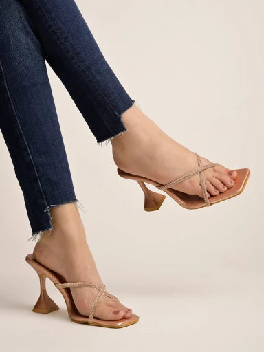 Upper Embellished Strap Rose-Gold Heels For Women & Girls