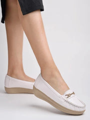 Upper Metalic Buckle Detailed White Loafers For Women & Girls