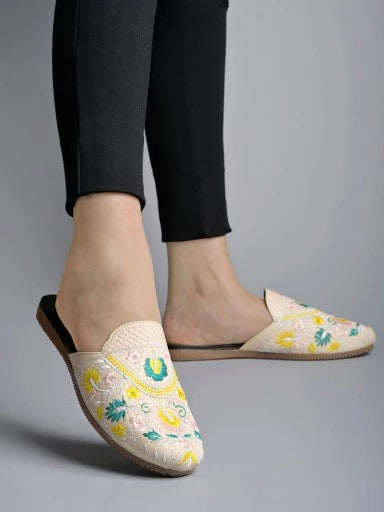 Embroidered Detailed Cream Flat Mules For Women & Girls