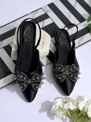 Embellished Rhinestone Bow Detailed Black Flats For Women & Girls