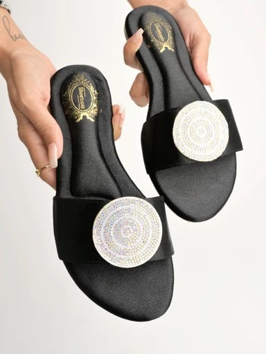 Ethnic Jewel Detailed Black Flats For Women & Girls