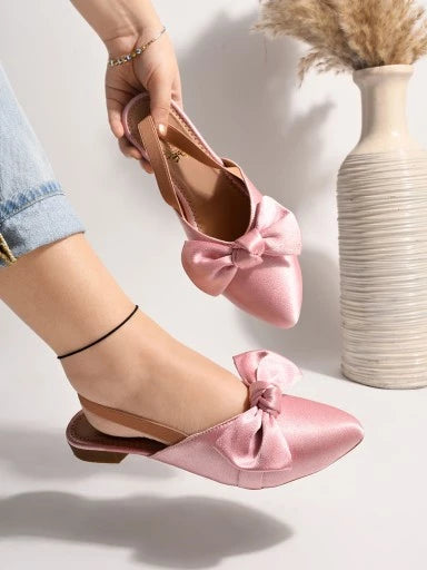 Front Bow Décor Pointed Toe Flat Pink Sandals For Women & Girls