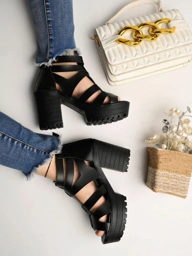 Smart Casual Black Block Heeled Sandal For Women & Girls