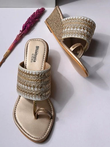 Women's & Girl's Golden Embellished Wedge Sandals