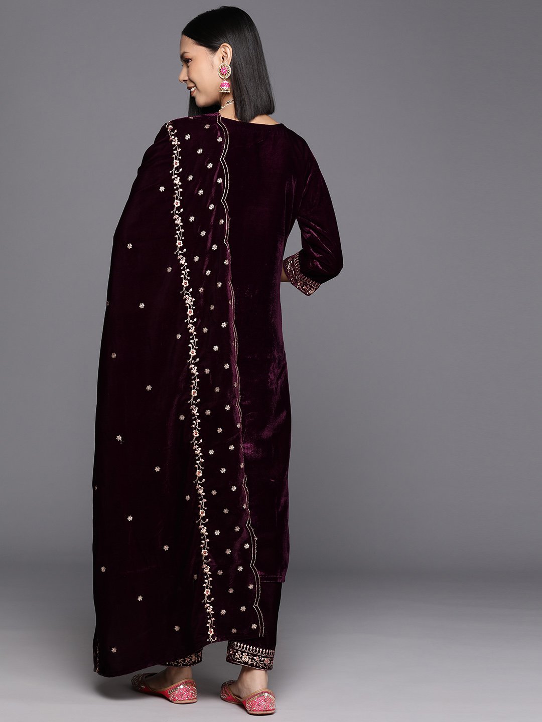 Women Purple Velvet Round Neck Yoke Embroidered With Three Quarter Sleeves Straight Kurta Paired With Tonal Embroidered Bottom And Dupatta With Scalloped Hem