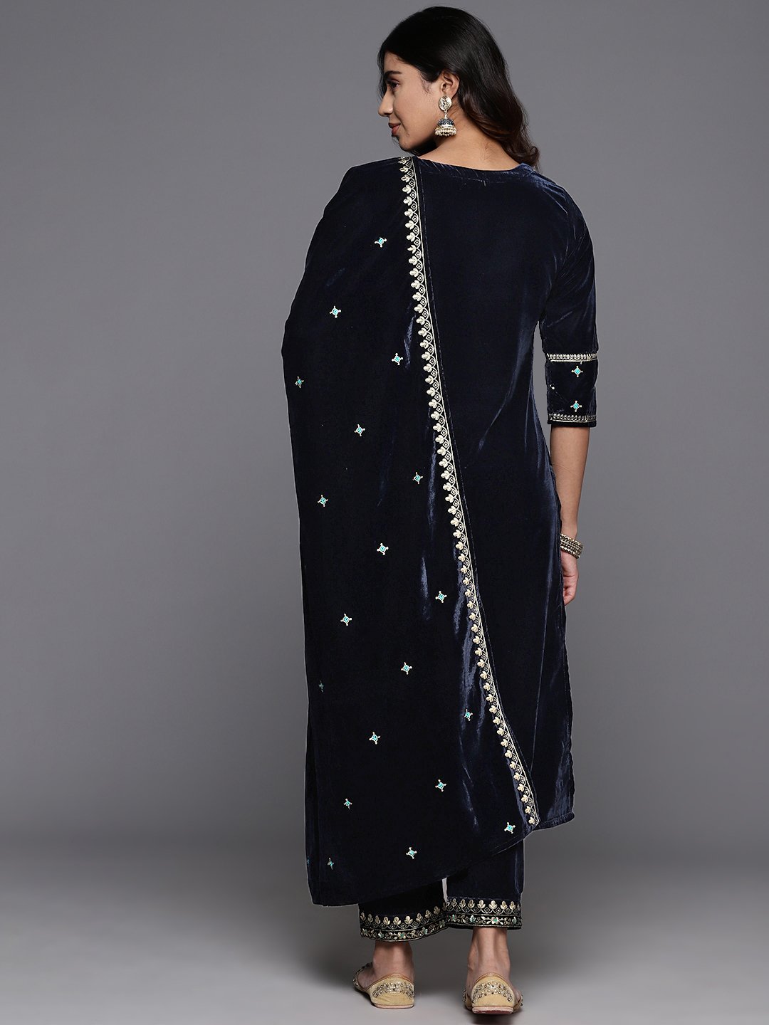 Women Velvet All Over Embroidered, Round Neck Yoke Straight Kurta Paired With Tonal Embroidered Bottom And Dupatta