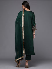 Green Embroidered Kurta Paired With Tonal Bottom And Dupatta