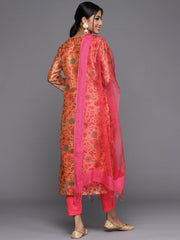 Peach Floral Printed Chanderi Kurta Trouser Set With Bhgalpuri Silk Dupatta