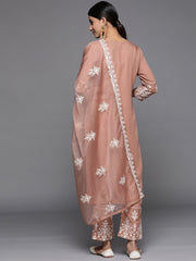 Women Mauve Embroidered Kurta Paired With Tonal Trouser And Dupatta