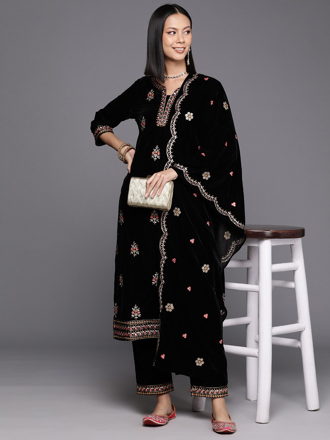 Women Black Placement Design Embroidered Kurta Paired With Tonal Embroidered Bottom And Dupatta