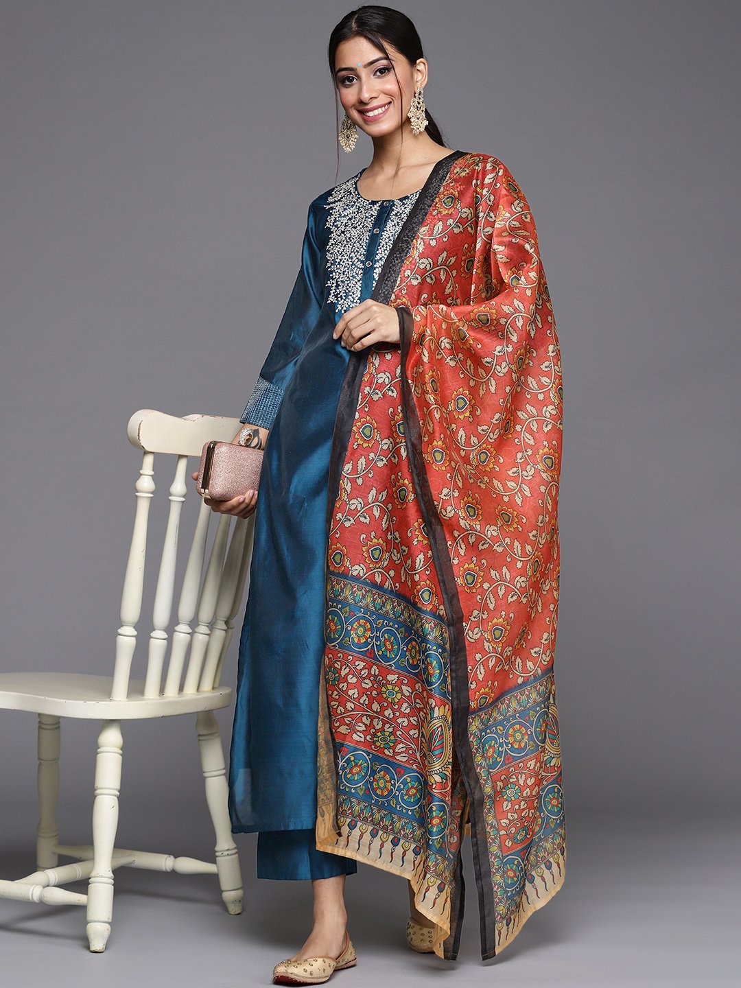 Teal Zari Embroidery Kurta Trouser Set With Red Kalamkari Silk Dupatta