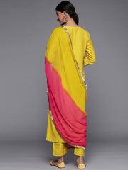 Yellow Embroidered Yoke Kurta With Straight Pant And Ombre Shade Chiffon Dupatta