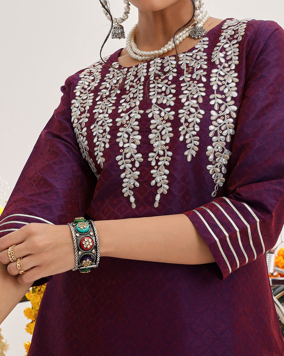 Purple Embroidered Straight Kurta With Three-Quarter Sleeves Paired With Tonal Bottom And Dupatta