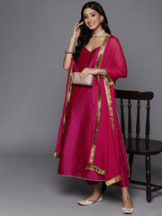 Magenta And Gold Jacquard Strap Style Kurta With Straight Pant And Chiffon Dupatta