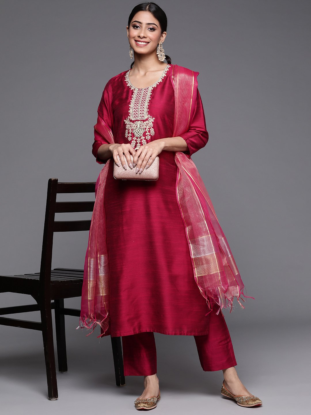 Women Magenta Pink Embroidered Kurta With Trousers And Dupatta