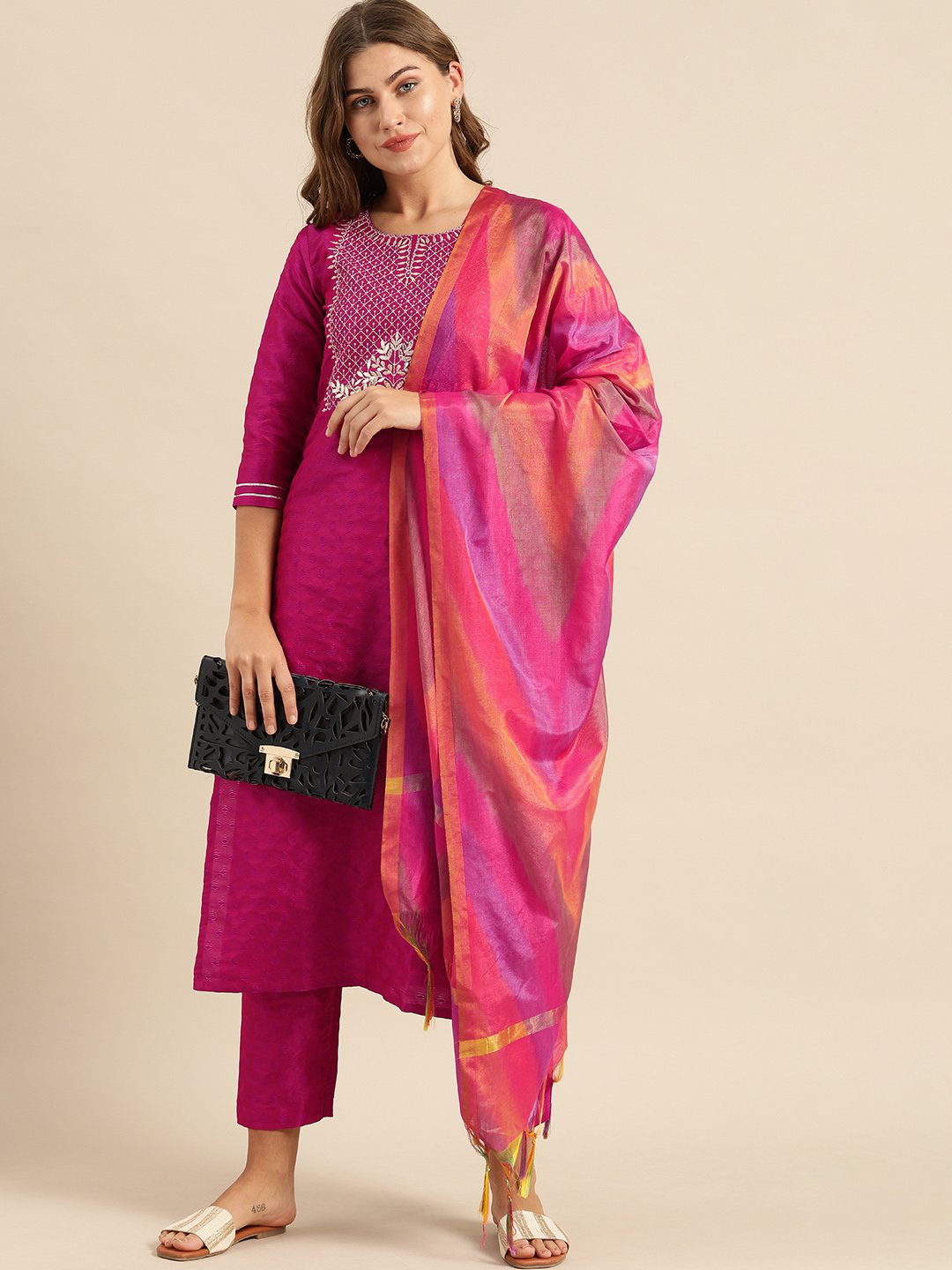 Magenta Zari And Gota Patti Embroidery Kurta With Trouser With Multi Color Silk Dupatta.