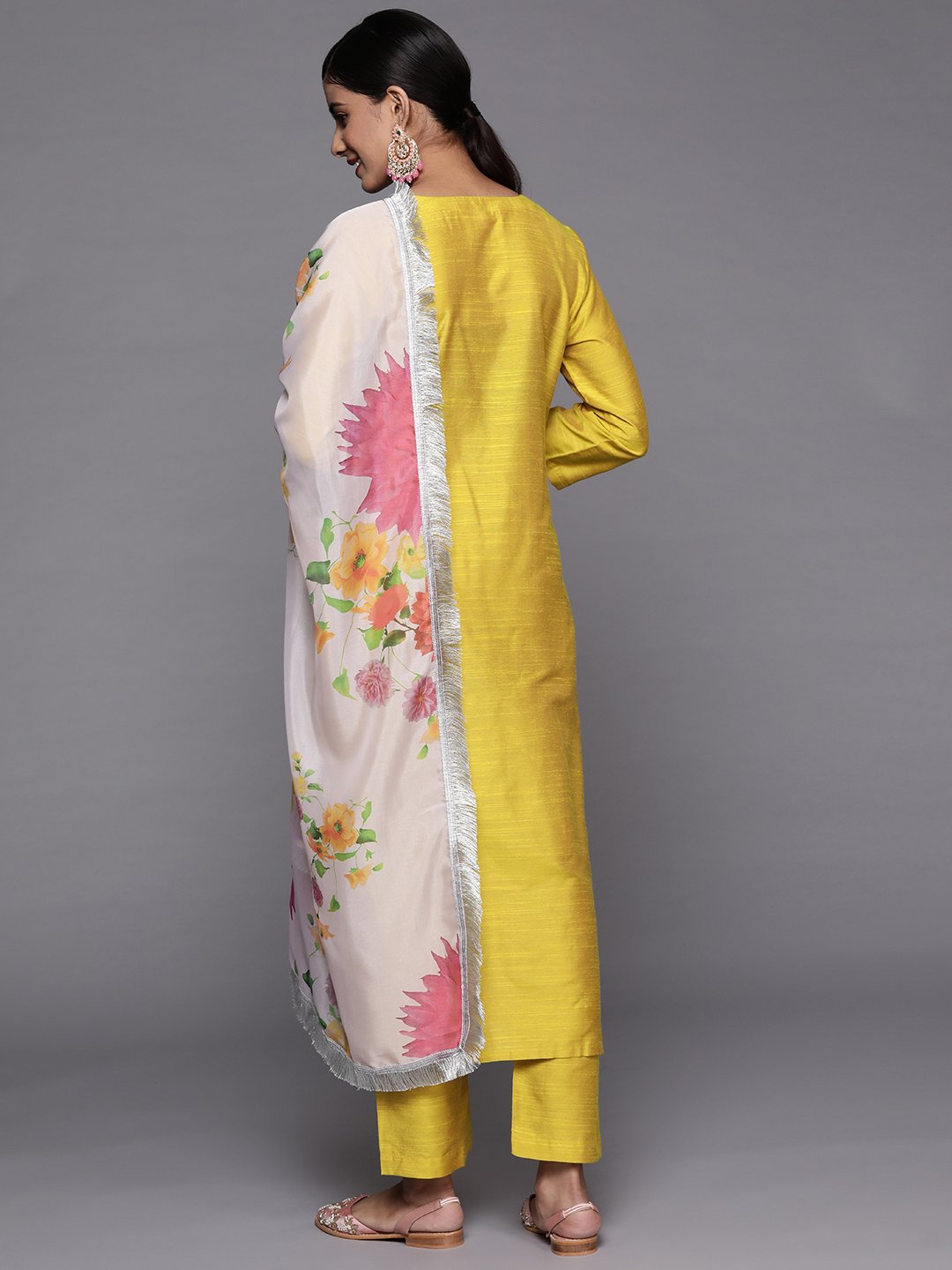 Yellow Embroidered Kurta With Tonal Bottam And Contrast Printed Dupatta