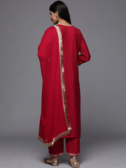 Red Embridered Kurta Paired With Tonal Botom And Dupatta