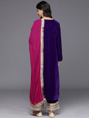 Women Purple Velvet Kurta With Flared Sleevespaired With Tonal Bottom And Contrast Dupatta With Four Sided Fringes