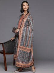 Women Grey Woolen Ethnic Motif Printed Straight Kurta Paired With Tonal Bottom And Dupatta