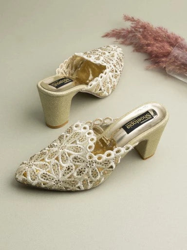 Womens & Girls Gold-Toned & Silver-Toned Embellished Ethnic Block Mules with Laser Cuts