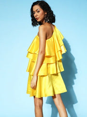 Women Yellow Solid Feminine Frills Dress