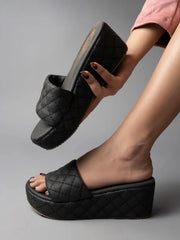 Stylish Quilted Stitching Black Platform Heels For Women & Girls