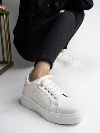 Quilted Detail Lace-up White Sneakers For Women & Girls