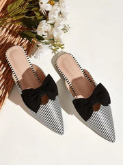 Women Black & White Striped Mules with Bow