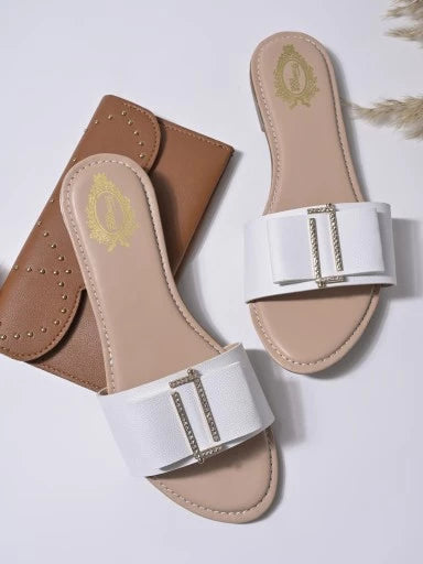 Buckle Detailed White Flats For Women & Girls