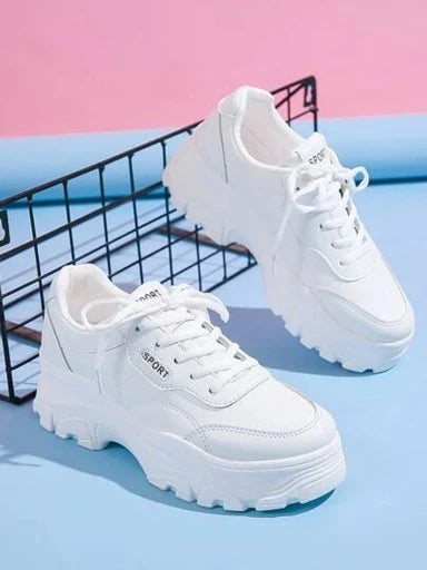 Lace-up Detail White Chunky Sneakers For Women & Girls