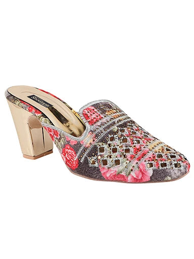 Womens & Girls Pink Woven Design Embellished Mules