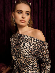 Drop shoulder fitted midi dress in Cheetah Print