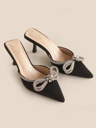 Shoetopia Crystal-Eembellished Double Bow Pointed Toe Heels For Women & Heels