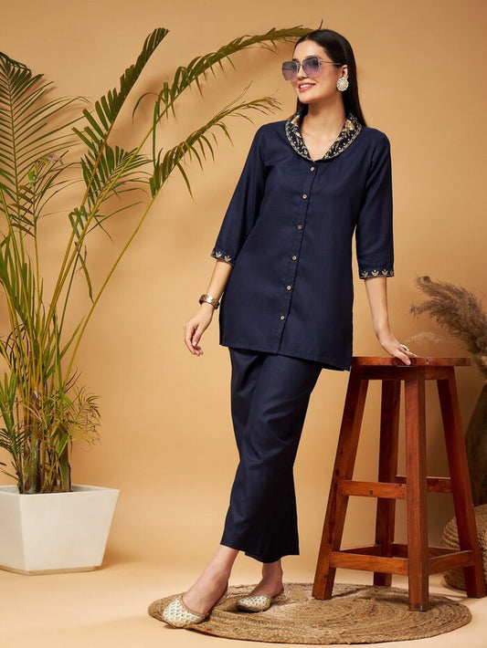 Shae by SASSAFRAS - Women Navy Zari Embroidered Shawl Collar Top With Palazzos