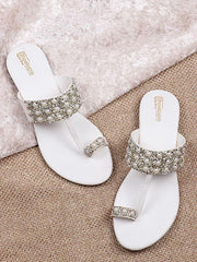 Womens & Girls White & Silver-Toned Embellished Leather Ethnic One Toe Flats