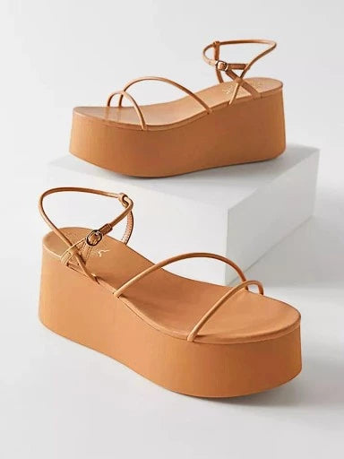 Multi Straps Casual Tan Flatforms For Women & Girls