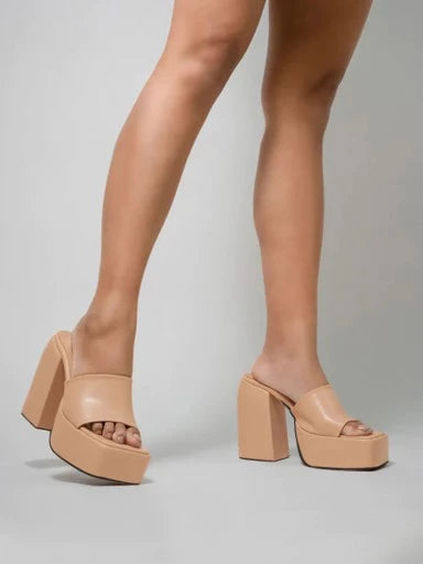 Stylish Solid Beige Block Heels For Women & Girls