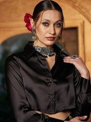 Sassafras - Satin Crop Shirt With Self Design Brocade Palazzo