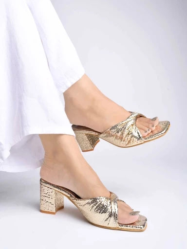 Embellished Knotted Detailed Gold Block Heels For Women & Girls