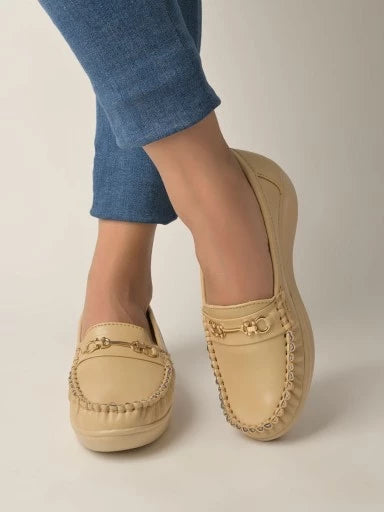 Upper Metalic Buckle Detailed Beige Loafers For Women & Girls