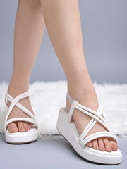 Shoetopia Solid Criss Cross Straps White Wedges For Women & Girls