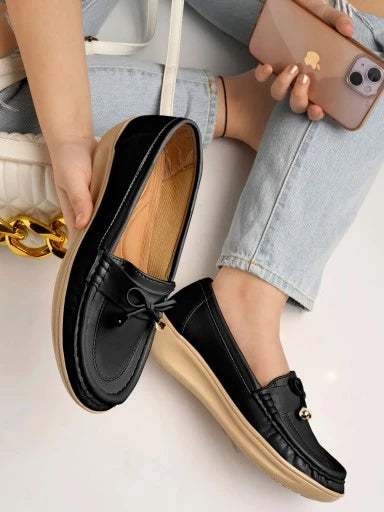 Upper Bow Detailed Black Loafers For Women & Girls