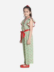 Girls Green and Red Cherry Jumpsuit with Flutter Sleeves