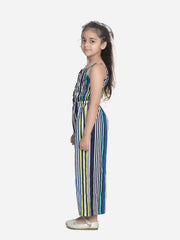 Girls Cotton Blue Stripe Jumpsuit with Smocked Chest